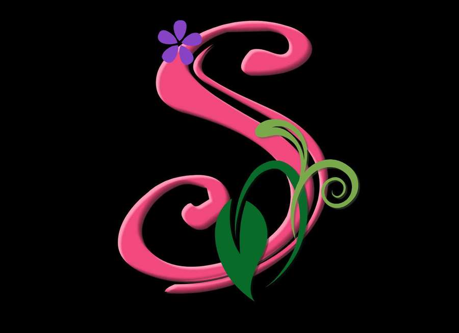 Glossy pink letter S with purple flower and green leaves on black background — S Background