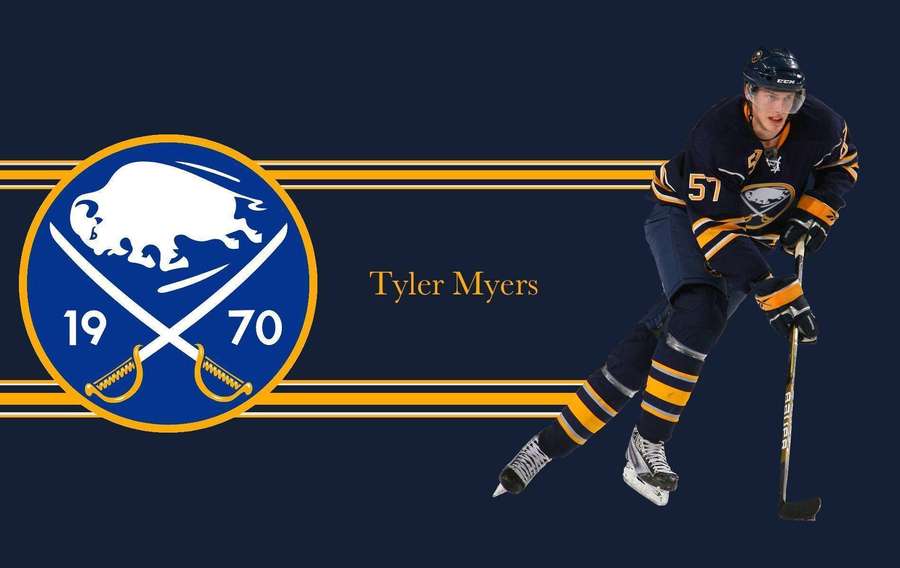 Hockey player Tyler Myers in Buffalo Sabres uniform skating with team logo. — Sabres Wallpaper