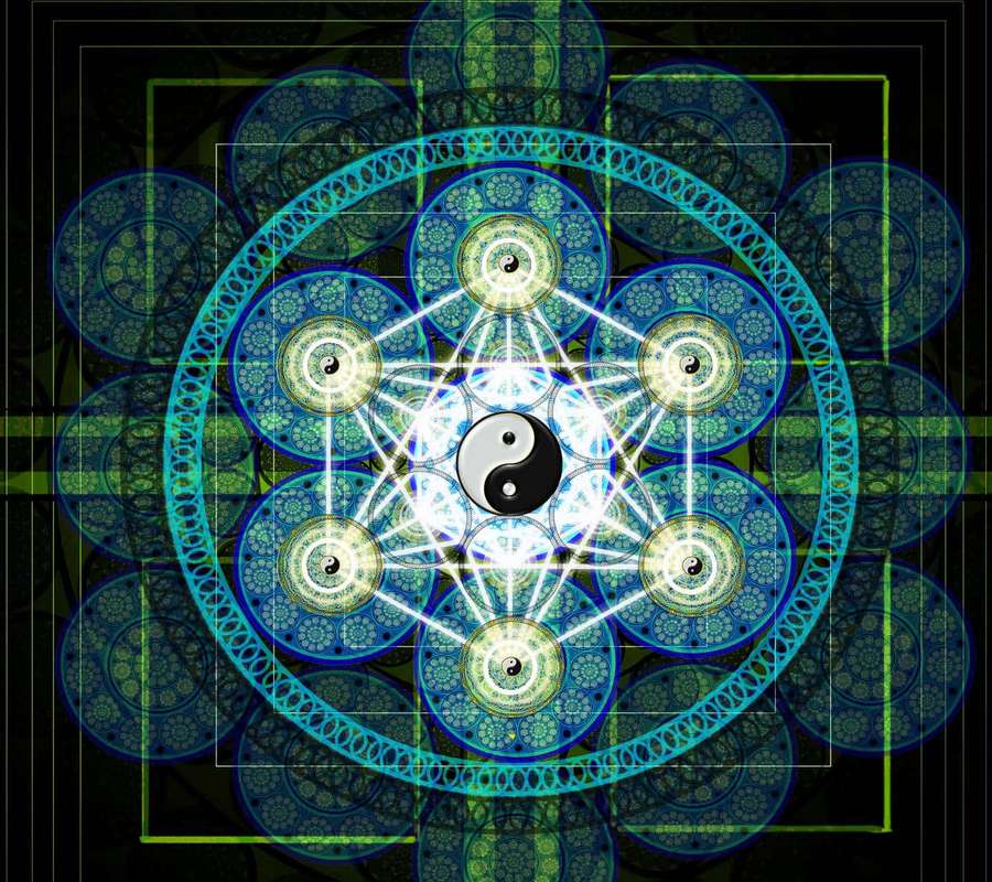 A glowing blue and green geometric mandala with yin yang symbols at its center. — Sacred Geometry Wallpaper