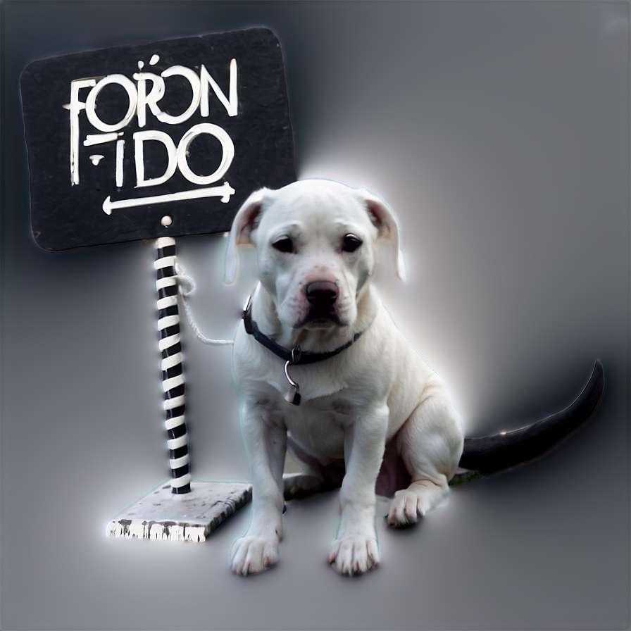 White puppy wearing collar beside black sign reading FORONIDO with left arrow. — Sad Dog Wallpaper