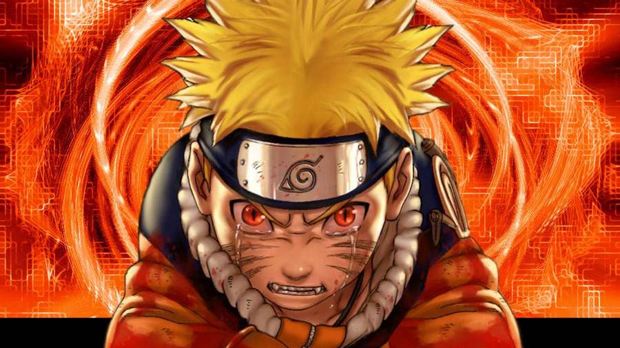 Naruto Uzumaki with red eyes and chakra aura in anime style — Sad Naruto Background