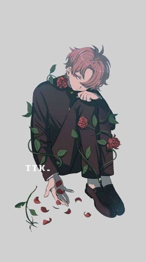Anime boy with pink hair surrounded by red roses and vines in a gloomy mood. — Sad Pfp Wallpaper