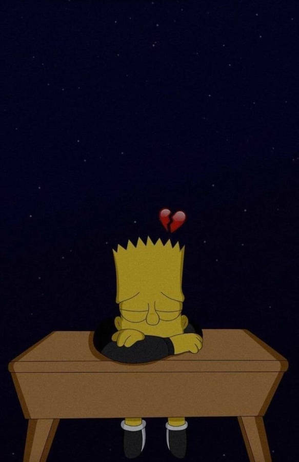 Bart Simpson sitter vid ett skrivbord med ett krossat hjärta ovanför huvudet under en stjärnklar natthimmel. — Sad Simpsons bakgrund Bakgrundsbilder