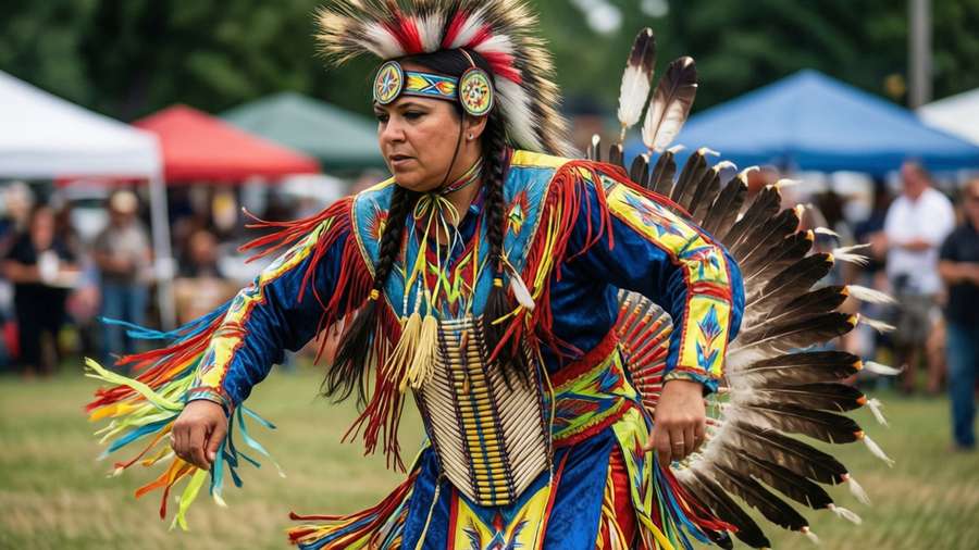 Saginaw Grant dancing at powwow in traditional regalia. — Saginaw Grant Background