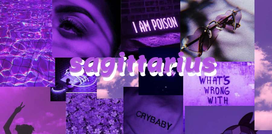 Lilla stemningscollage med Skytten-tekst og solbriller. — Sagittarius Aesthetic Wallpapers