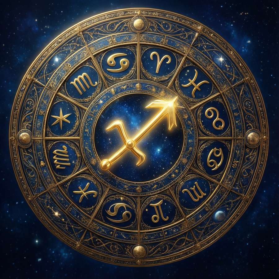 An ornate zodiac wheel highlighting Sagittarius in gold on dark blue. — Sagittarius Zodiac Background