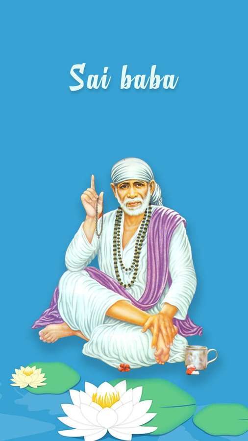 Sai Baba meditando con lotos y una taza sobre un fondo azul. — Sai Baba Phone Fondos de pantalla