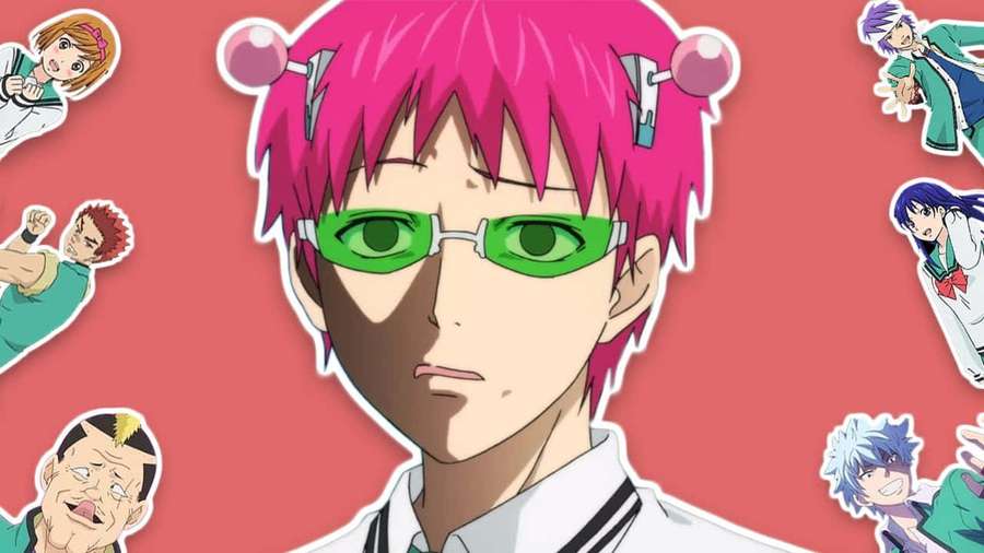 Anime character with pink hair and green glasses surrounded by floating stickers. — Saiki Pfp Wallpaper