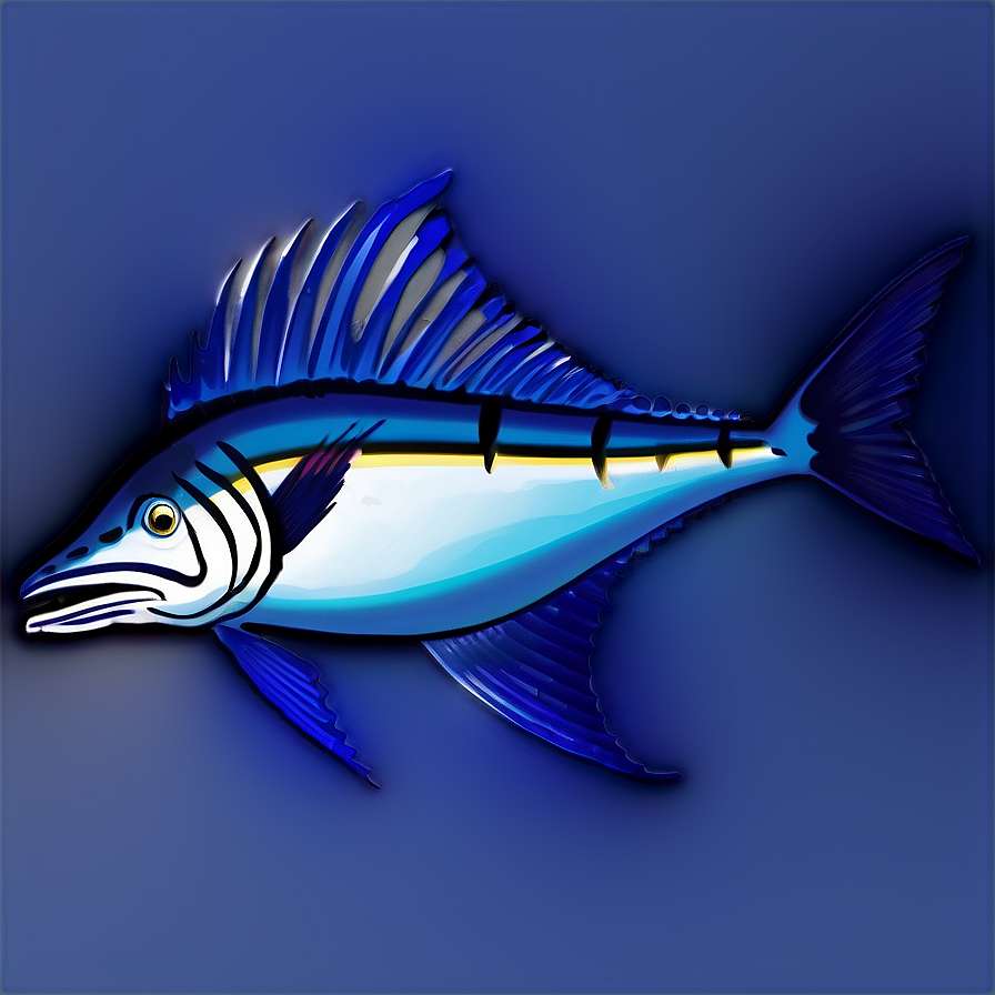 A glowing blue fish with yellow stripe and sharp fins on a blue gradient background. — Sailfish Background