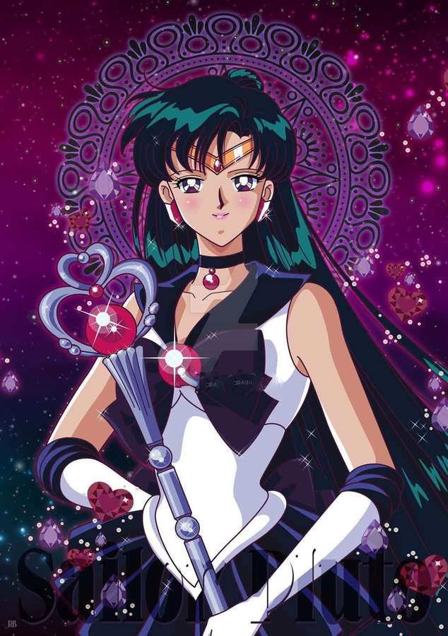 Sailor Pluto in her iconic uniform holding a glowing staff against a starry purple background. — Sailor Pluto Wallpaper