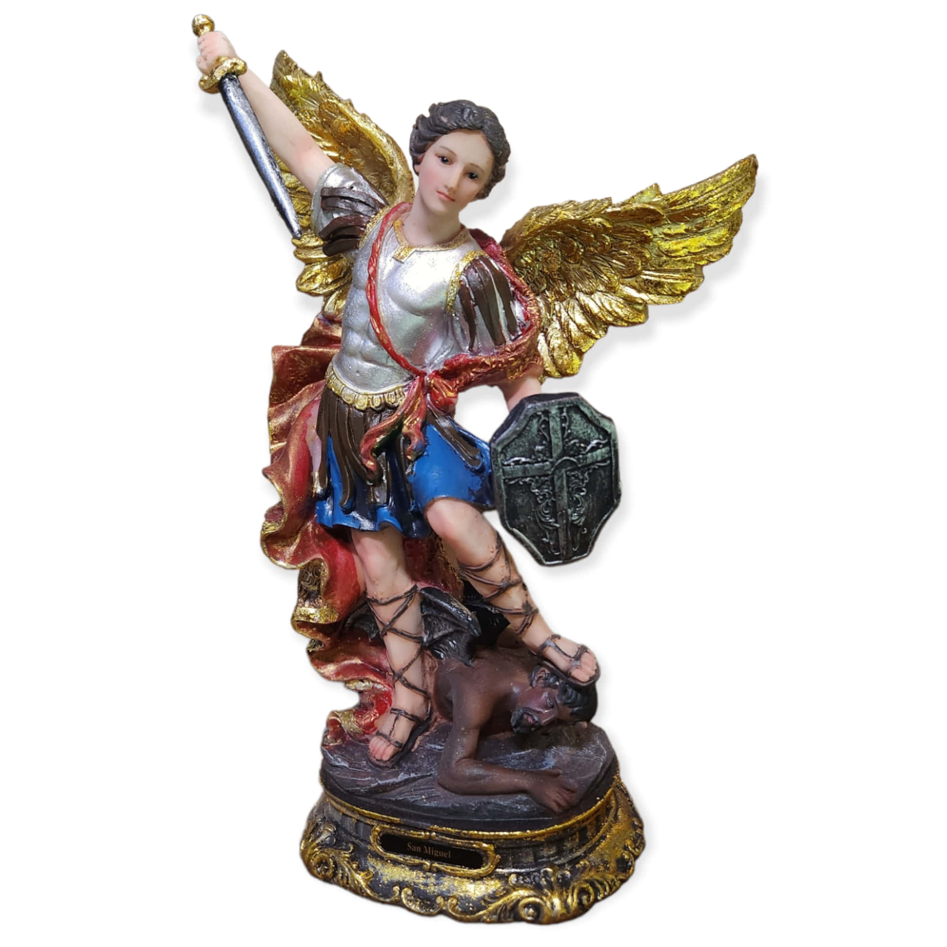 Statue of Saint Michael the Archangel defeating a demon with sword and shield. — Saint Michael Background