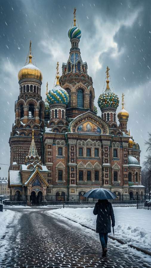 Person walking in snow holding umbrella near ornate cathedral — Saint petersburg Background