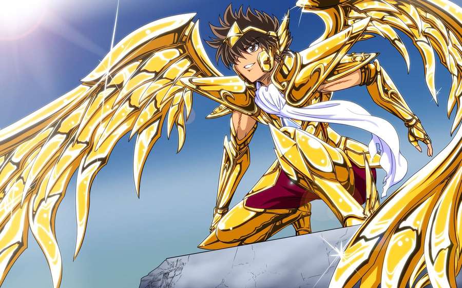 Anime character in golden armor with large wings standing on a cliff under the sun. — Saint seiya Wallpaper