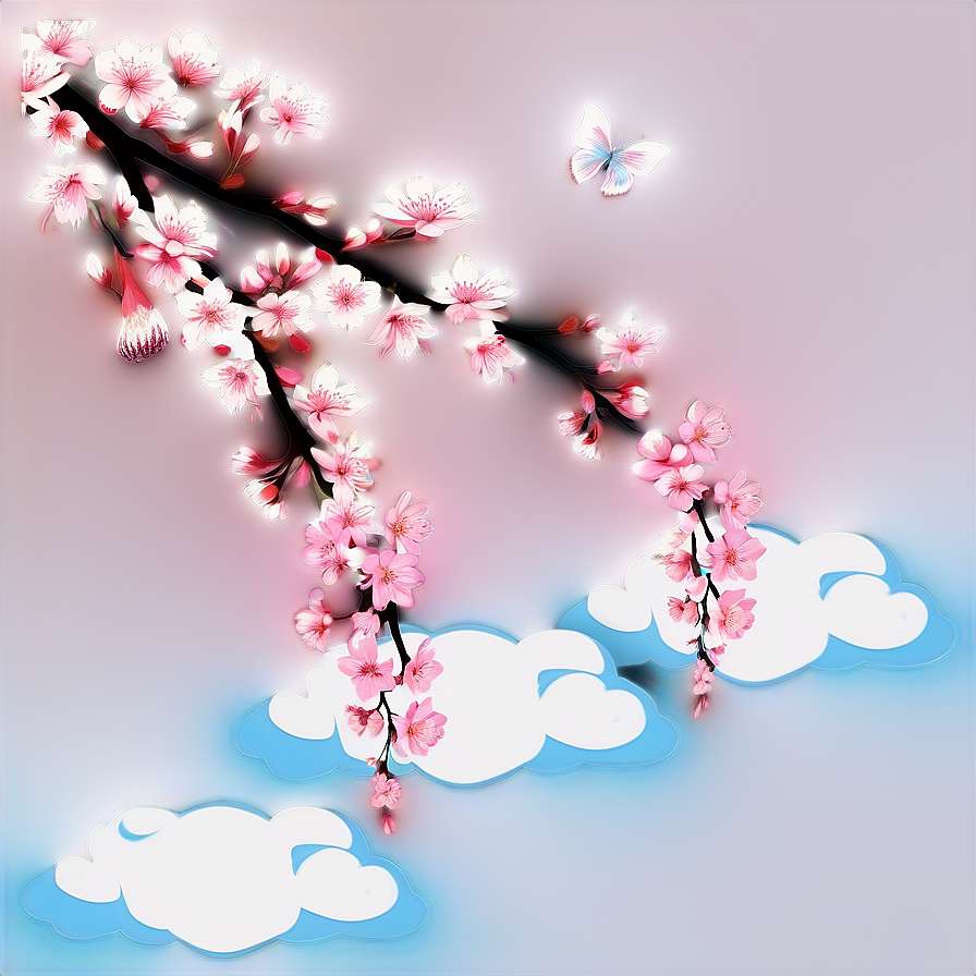 Cherry blossom branch with butterfly floating above clouds in pastel sky — Sakura PNG