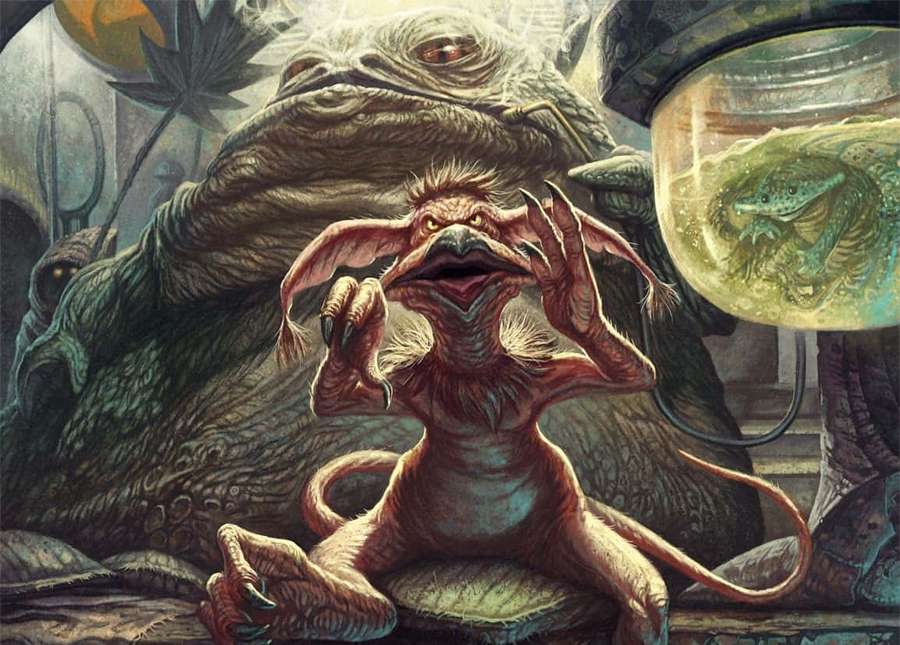 A small furry creature with large ears sits in front of a giant toad holding a glowing fish in a jar. — Salacious Wallpaper