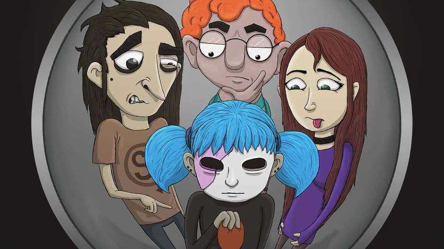 Four cartoon characters with distinct expressions looking through a circular frame. — Sally Face Background