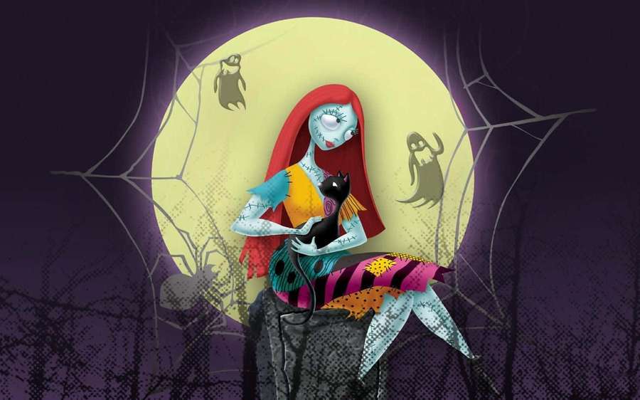 A stitched witch with red hair and a black cat sits under a full moon with ghosts and spiderwebs. — Sally Nightmare Before Christmas Wallpaper