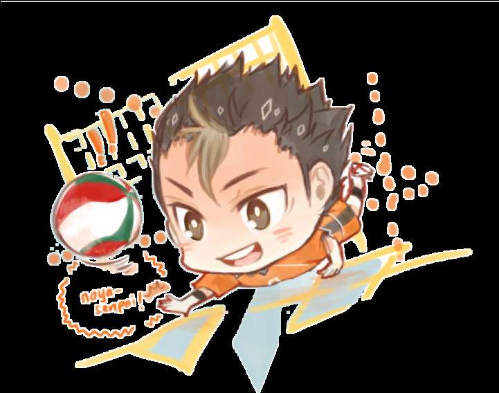 Personagem anime em camisa laranja pulando para cortar uma bola de vôlei com linhas de movimento. — Saltar Papéis de Parede
