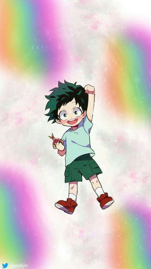 Garoto anime com cabelo verde flutuando feliz em um céu de arco-íris. — Saltar Papéis de Parede