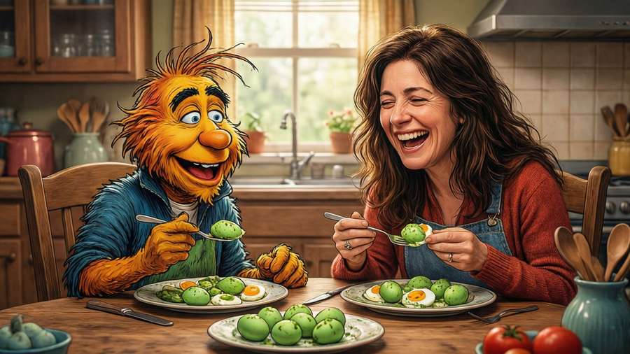 Sam I Am shares green eggs with a friend in a cozy kitchen. — Sam I Am Wallpaper