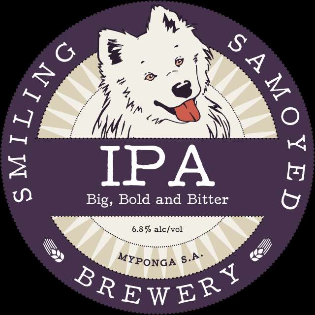 Circular beer label with smiling Samoyed dog and IPA text. — Samoyed PNG