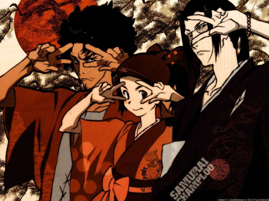Three anime samurai in kimono making hand gestures under a red sun. — Samurai Champloo Wallpaper