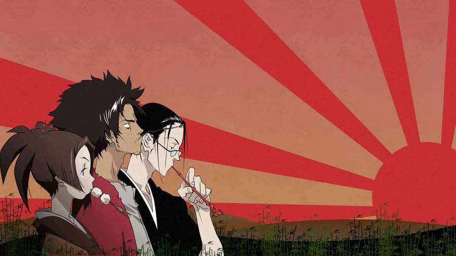 Three anime characters silhouetted against a red sunburst sky with grass. — Samurai Champloo Background