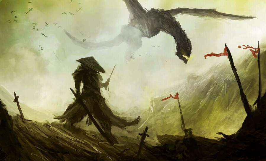 Warrior with sword faces off a flying dragon on a misty battlefield with broken spears and red flags. — Samurai Dragon Wallpaper