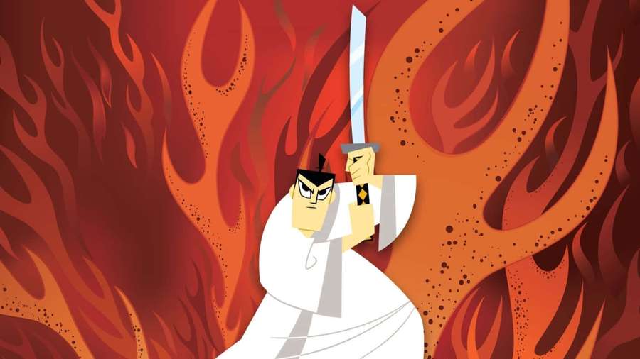 Anime warrior in white robe holding sword amid fiery flames. — Samurai jack Background