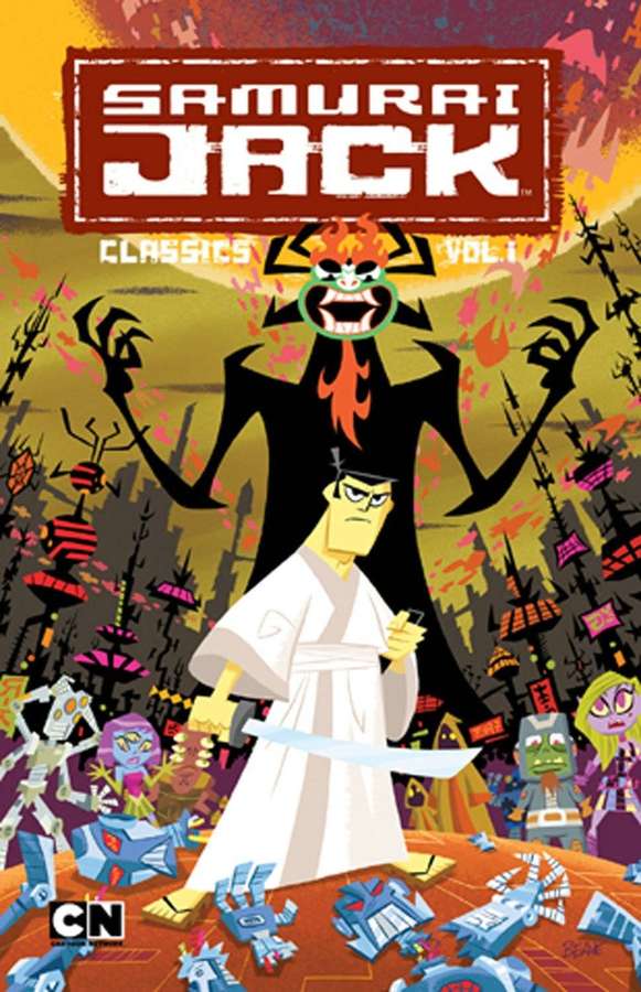 Samurai Jack faces a giant demon surrounded by broken robots in a cartoon battle scene. — Samurai jack Wallpaper