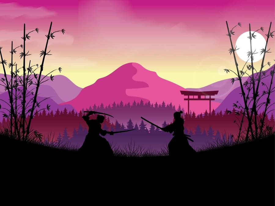 Two samurai warriors duel in silhouette at sunset near a torii gate and bamboo. — Samurai Landscape Wallpaper