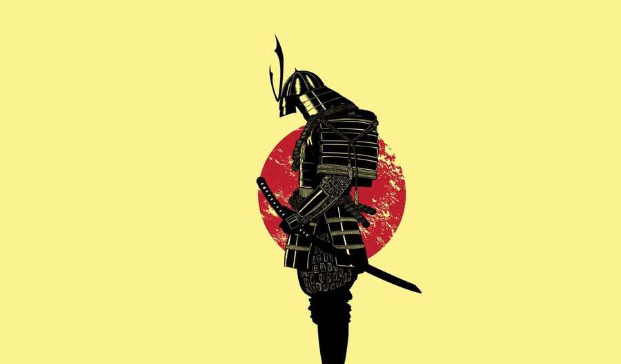 Silueta negra de samurái con espada contra círculo rojo sobre fondo amarillo — Samurai Warrior Fondos de pantalla