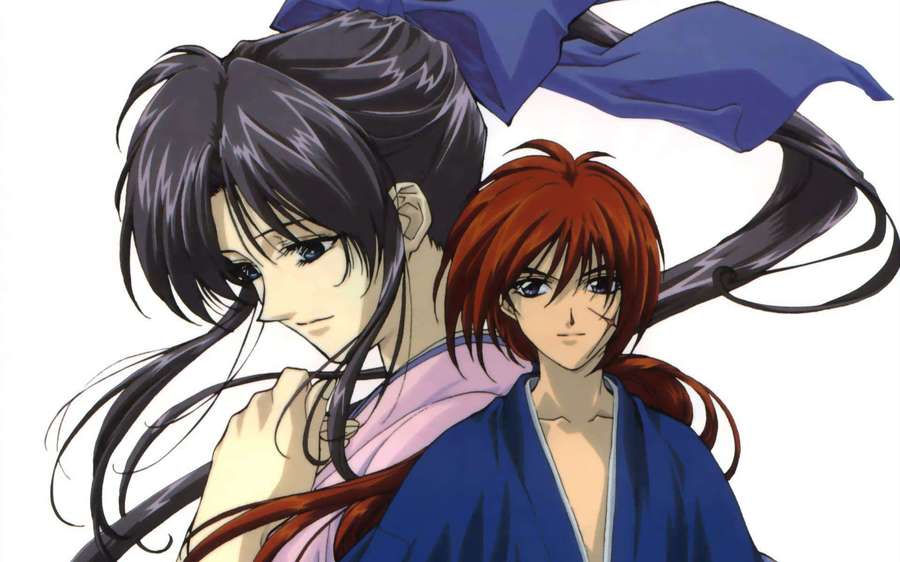 Two anime characters with long hair and traditional robes standing close together. — Samurai X Background