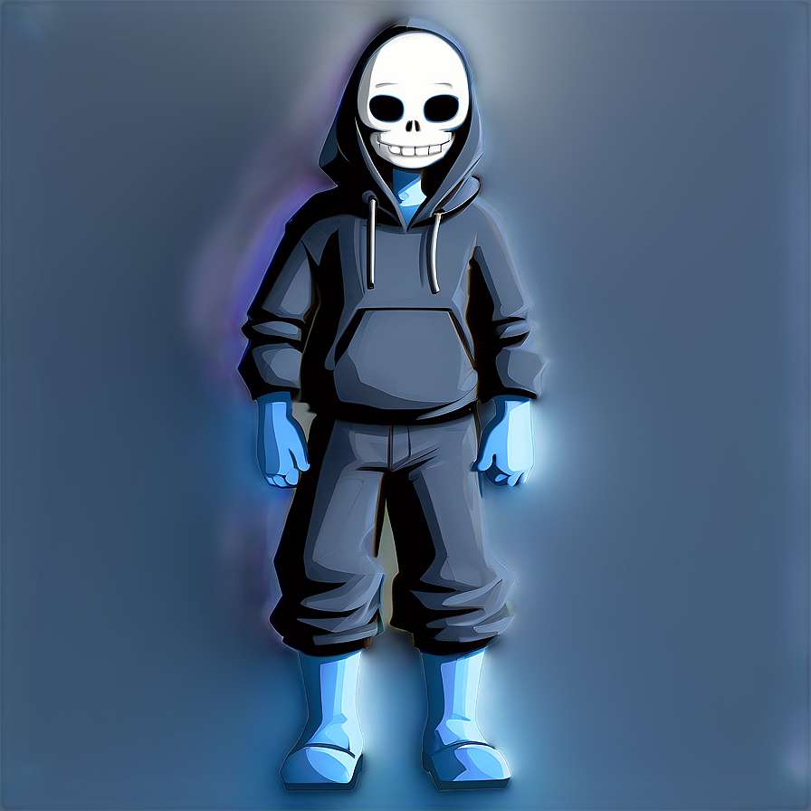 A glowing blue skeleton in a hoodie with a cheerful expression. — Sans PNG