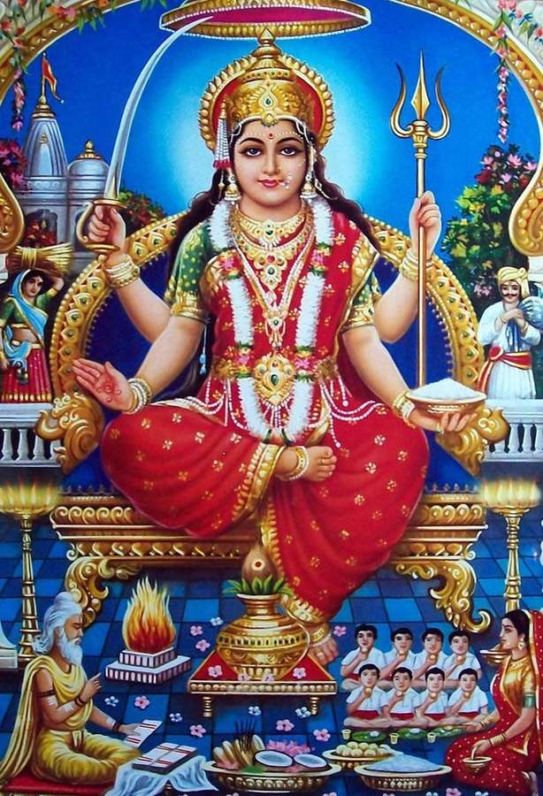 Hindu goddess seated on ornate throne with attendants and offerings in sacred setting. — Santoshi Maa Wallpaper