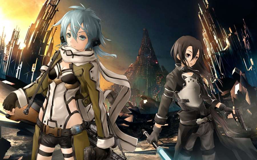 Two anime girls with swords in a futuristic city at sunset. — Sao Background