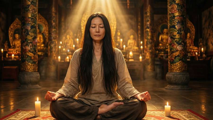 Saori Kido meditating with candles in a temple. — Saori Kido Wallpaper