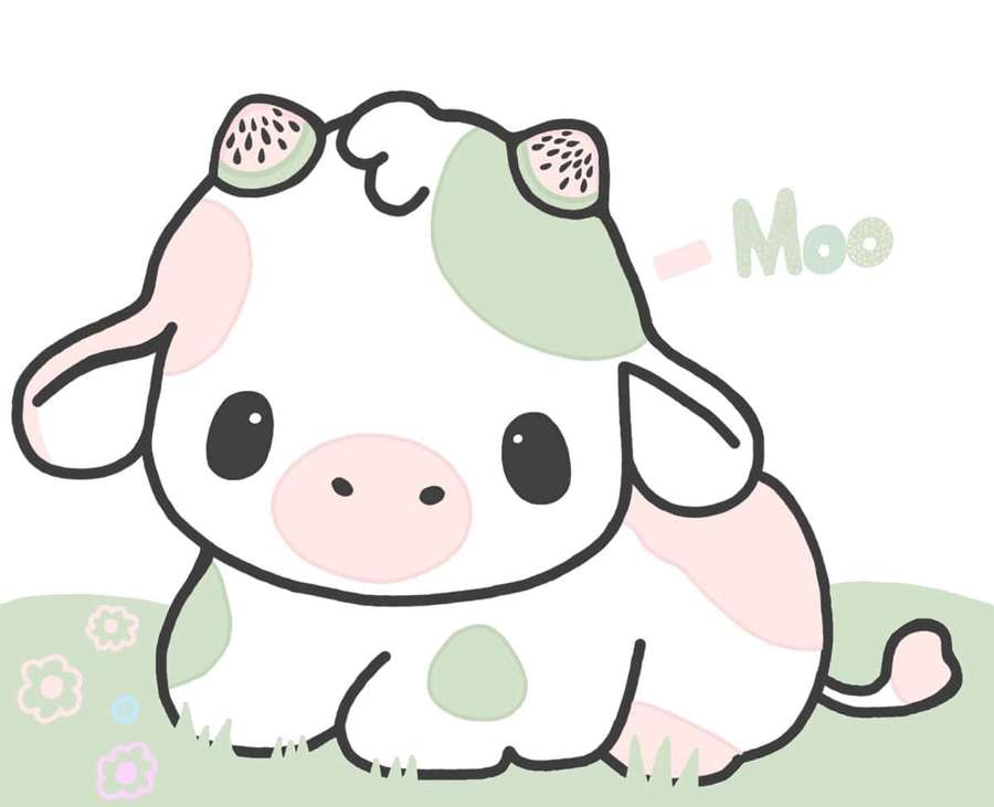 Seekor sapi kartun dengan semangka di tanduknya duduk di rumput dengan bunga dan teks 'Moo'. — Sapi Kawaii Wallpaper