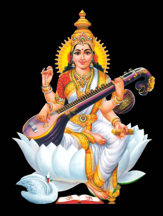 Hindu goddess seated on a lotus playing sitar with swan nearby — Saraswati Devi Background