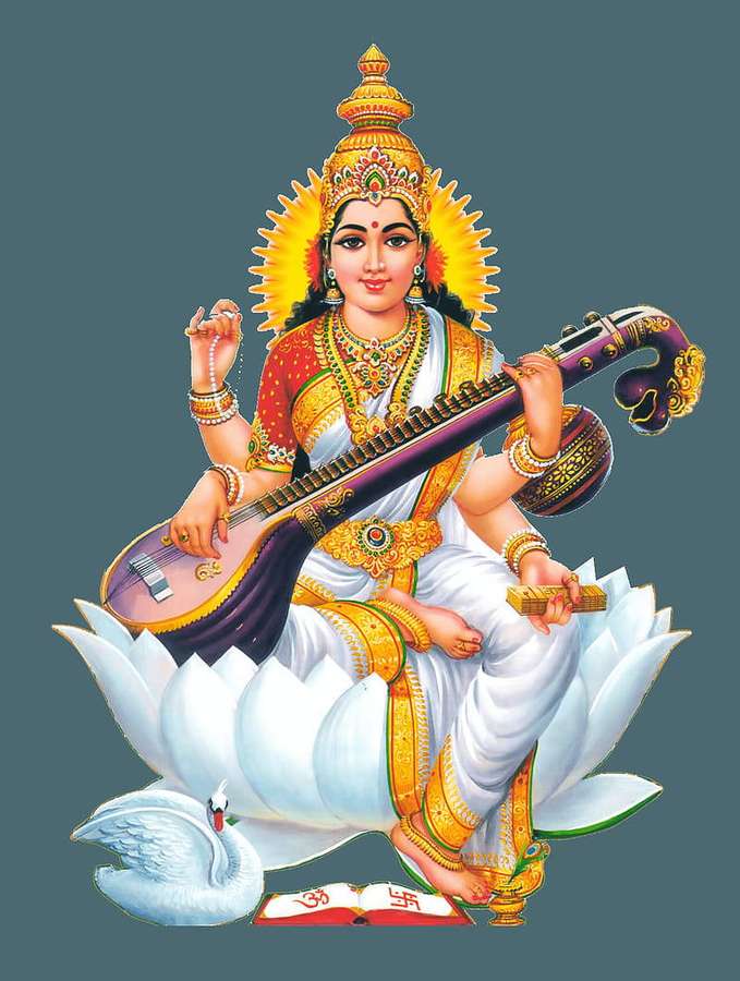 Divine goddess seated on a lotus holding a sitar with a swan nearby. — Saraswati Mata Background