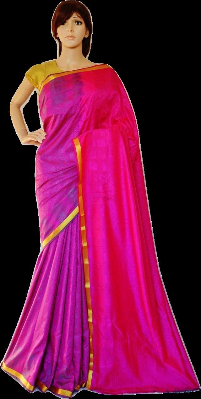 Mannequin in a colorful silk sari with gold trim against black background. — Saree PNG