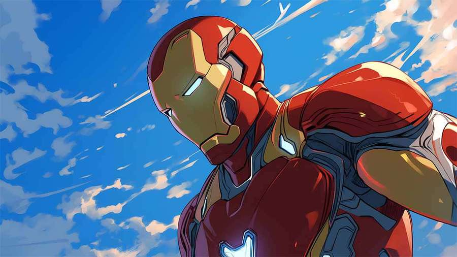 Iron Man punakultaisessa haarniskassa lentää sinisen taivaan läpi valkoisten pilvien kanssa. — Sarjakuvataide Taustakuvat