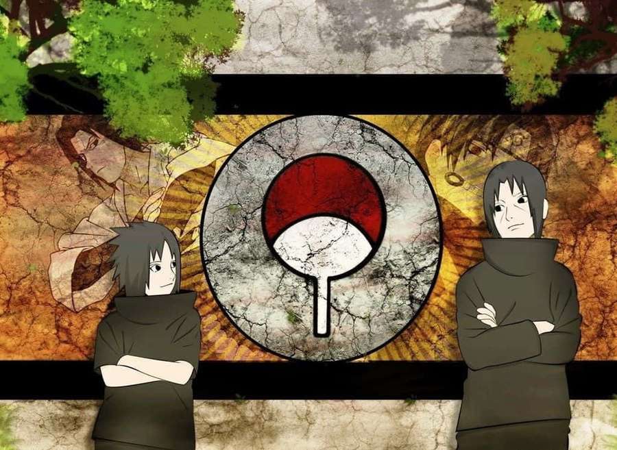 Two anime ninja flank a cracked Sharingan symbol with green foliage. — Sasuke And Itachi Wallpaper