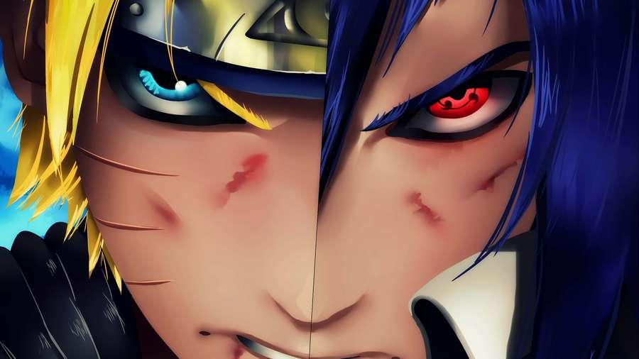 Personagens de anime Naruto e Sasuke com cicatrizes de batalha e olhos intensos voltados para frente. — Sasuke azul Papéis de Parede