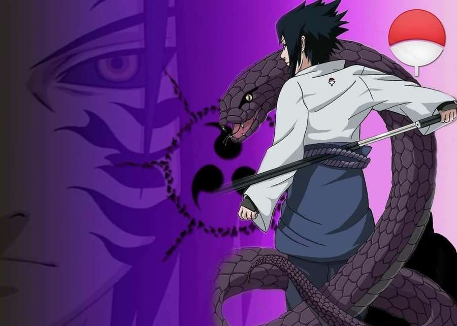 Anime ninja with sword surrounded by a giant purple snake and a shadowy eye. — Sasuke Background