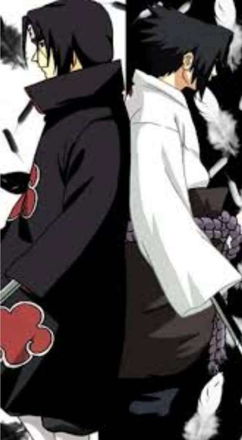 Dois personagens ninja de anime de costas um para o outro em roupas contrastantes preto e branco. — Sasuke e Itachi Papéis de Parede