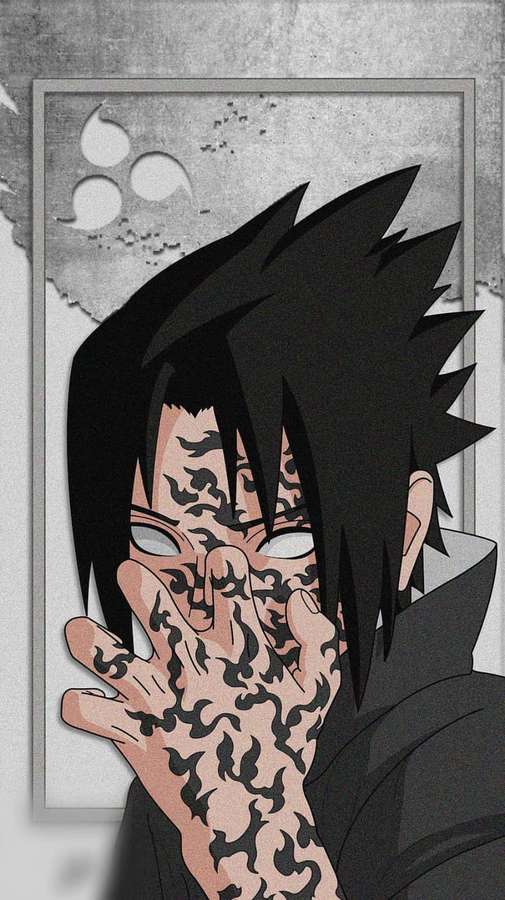 Anime-ninja med flamme-tatoveringer som dekker halve ansiktet og hånden mot en grå vegg. — Sasuke Forbannelse Bakgrunner