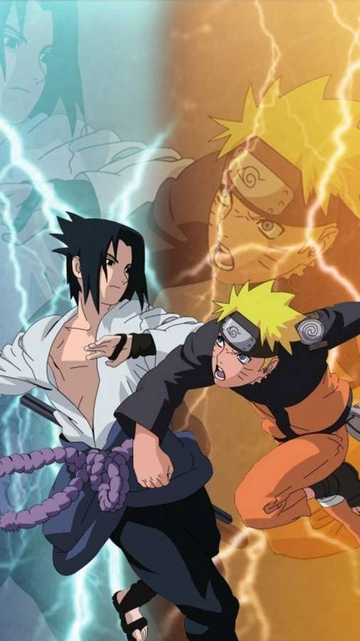 Anime-karaktererne Naruto og Sasuke i midten af kamp med elektriske energieffekter. — Sasuke Naruto iPhone Wallpapers