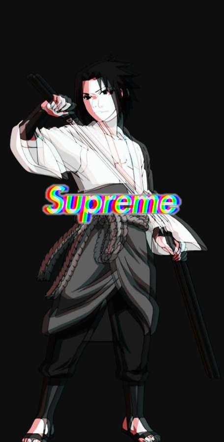 Anime ninja karakteren Sasuke Uchiha holder et sværd med et regnbue Supreme-logo. — Sasuke Supreme Wallpapers