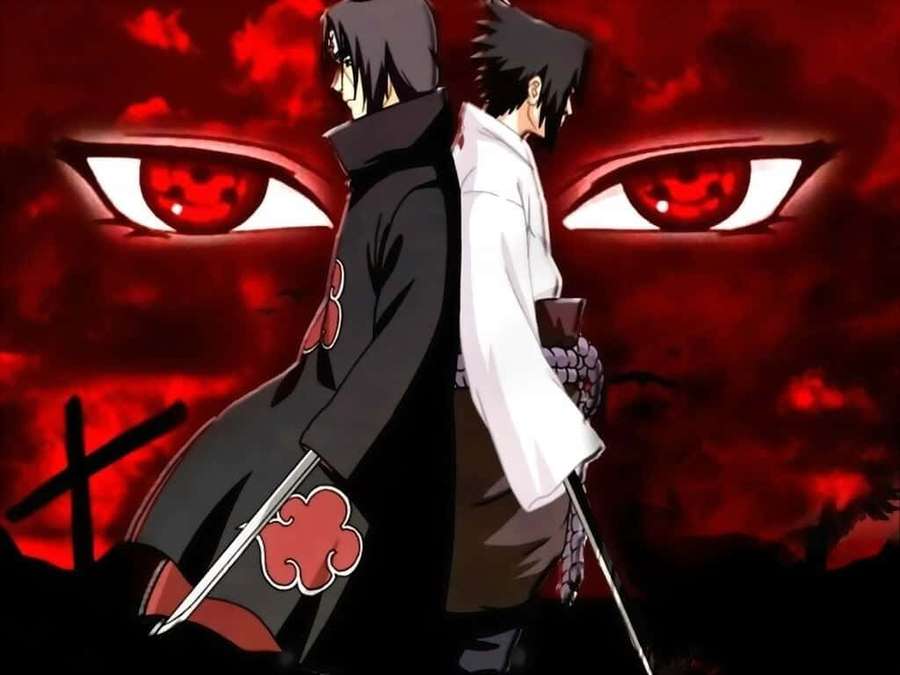 Dos ninjas de anime están espalda con espalda con ojos rojos brillantes detrás de ellos. — Sasuke y Itachi Fondos de pantalla